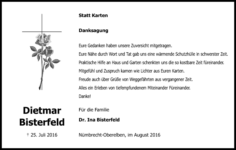  Traueranzeige für Dietmar Bisterfeld vom 27.08.2016 aus Kölner Stadt-Anzeiger / Kölnische Rundschau / Express