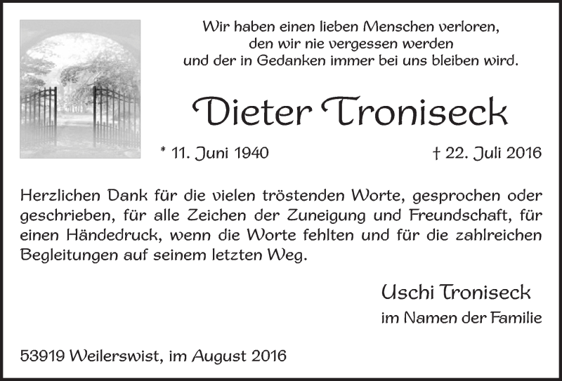 Traueranzeige für Dieter Troniseck vom 31.08.2016 aus  Schlossbote/Werbekurier 