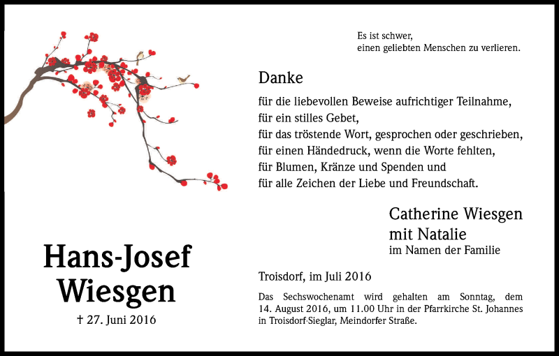  Traueranzeige für Hans-Josef Wiesgen vom 06.08.2016 aus Kölner Stadt-Anzeiger / Kölnische Rundschau / Express