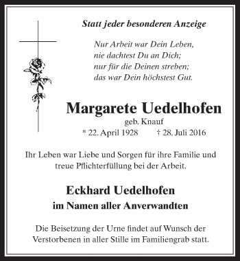 Anzeige von Margarete Uedelhofen von  Wochenende 