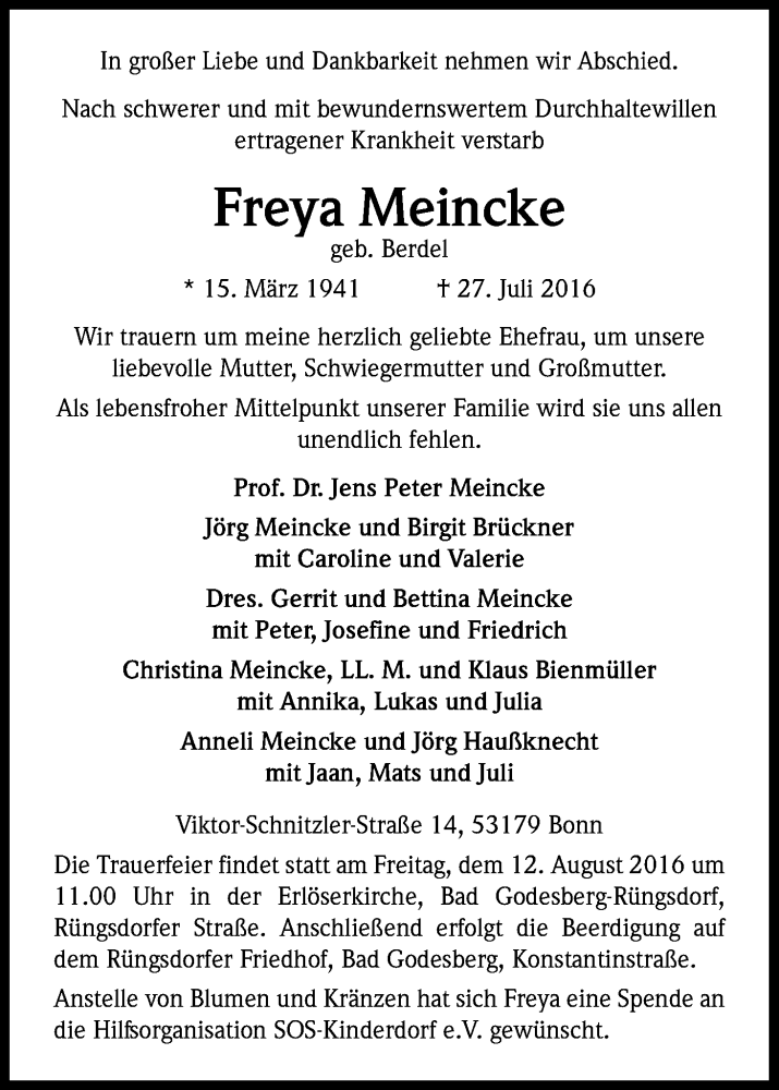 Traueranzeige für Freya Meincke vom 06.08.2016 aus Kölner Stadt-Anzeiger / Kölnische Rundschau / Express