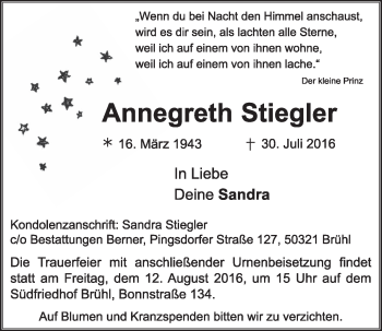 Anzeige von Annegreth Stiegler von  Schlossbote/Werbekurier 