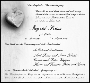 Anzeige von Ingrid Prüss von  Anzeigen Echo 