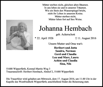 Anzeige von Johanna Hembach von Kölner Stadt-Anzeiger / Kölnische Rundschau / Express