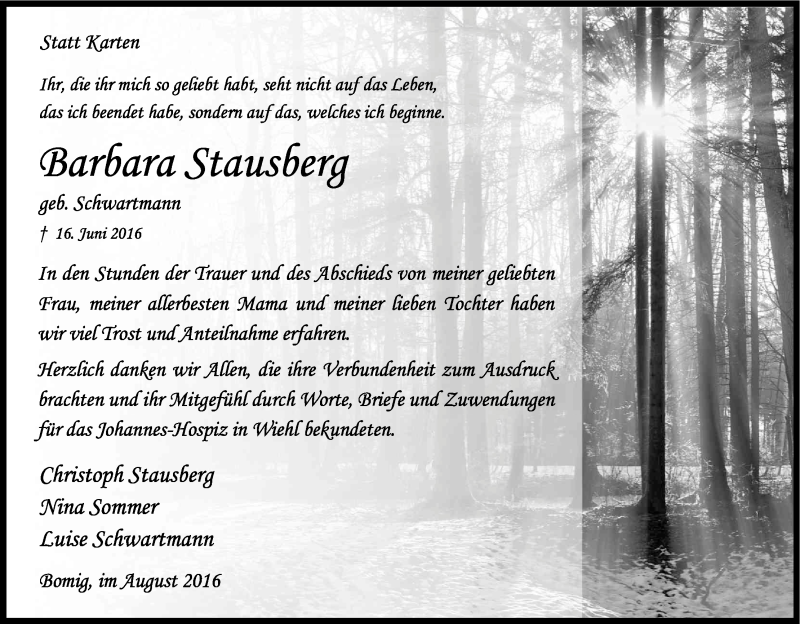  Traueranzeige für Barbara Stausberg vom 17.08.2016 aus Kölner Stadt-Anzeiger / Kölnische Rundschau / Express