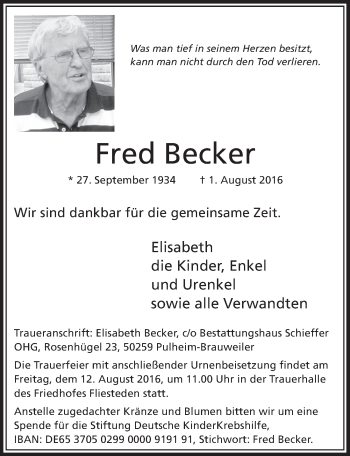 Anzeige von Fred Becker von  Sonntags-Post 