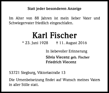 Anzeige von Karl Fischer von Kölner Stadt-Anzeiger / Kölnische Rundschau / Express