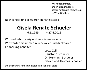 Anzeige von Gisela Renate Schueler von Kölner Stadt-Anzeiger / Kölnische Rundschau / Express