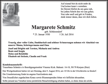 Anzeige von Margarete Schmitz von  Sonntags-Post 