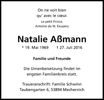 Anzeige von Natalie Aßmann von Kölner Stadt-Anzeiger / Kölnische Rundschau / Express
