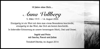 Anzeige von Anna Vollberg von Kölner Stadt-Anzeiger / Kölnische Rundschau / Express