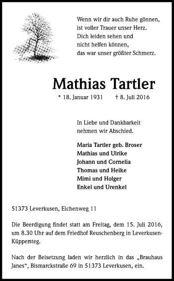 Anzeige von Mathias Tartler von Kölner Stadt-Anzeiger / Kölnische Rundschau / Express