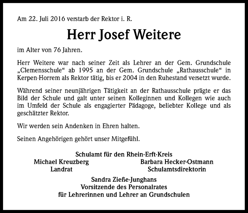 Traueranzeige für Josef Weitere vom 01.08.2016 aus Kölner Stadt-Anzeiger / Kölnische Rundschau / Express