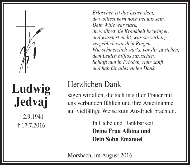  Traueranzeige für Ludwig Jedvaj vom 17.08.2016 aus  Lokalanzeiger 