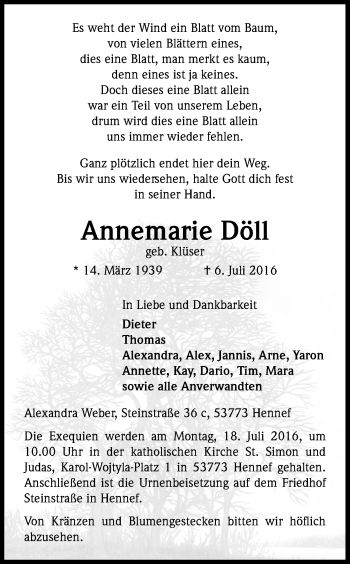 Anzeige von Annemarie Döll von Kölner Stadt-Anzeiger / Kölnische Rundschau / Express