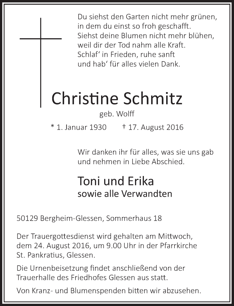  Traueranzeige für Christine Schmitz vom 20.08.2016 aus  Sonntags-Post 