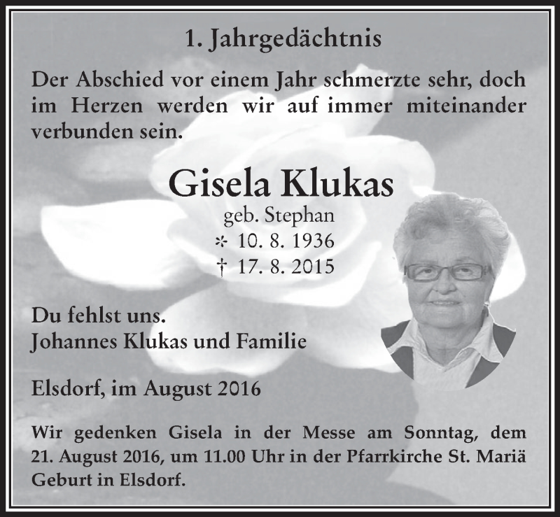  Traueranzeige für Gisela Klukas vom 17.08.2016 aus  Werbepost 