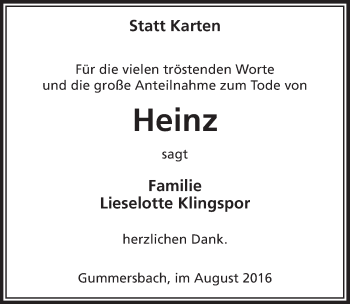 Anzeige von Heinz  von  Anzeigen Echo 