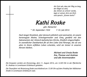 Anzeige von Kathi Roske von Kölner Stadt-Anzeiger / Kölnische Rundschau / Express