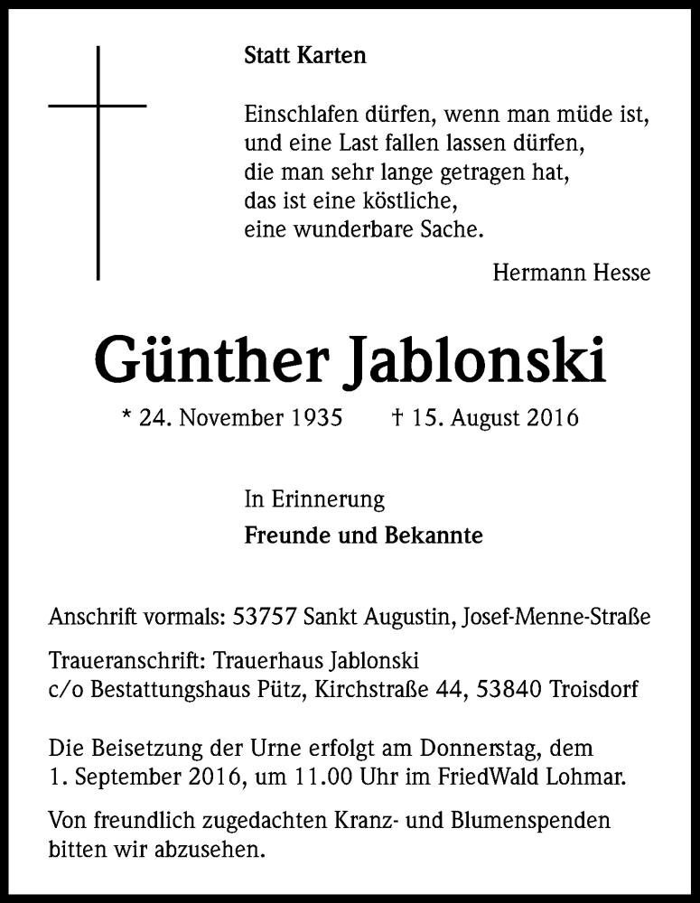  Traueranzeige für Günther Jablonski vom 20.08.2016 aus Kölner Stadt-Anzeiger / Kölnische Rundschau / Express