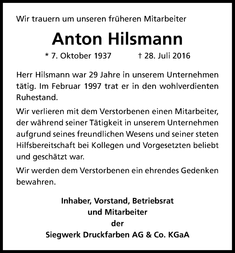  Traueranzeige für Anton Hilsmann vom 10.08.2016 aus Kölner Stadt-Anzeiger / Kölnische Rundschau / Express