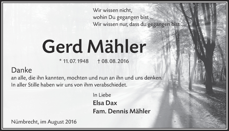  Traueranzeige für Gerd Mähler vom 31.08.2016 aus  Lokalanzeiger 