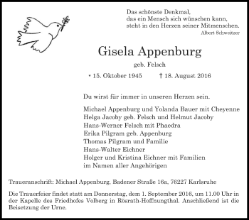 Anzeige von Gisela Appenburg von Kölner Stadt-Anzeiger / Kölnische Rundschau / Express