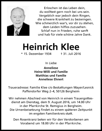 Anzeige von Heinrich Klee von Kölner Stadt-Anzeiger / Kölnische Rundschau / Express