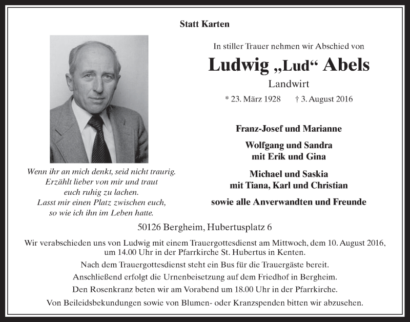  Traueranzeige für Ludwig  Abels vom 10.08.2016 aus  Werbepost 