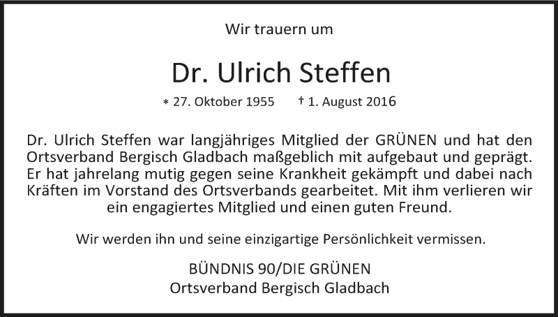  Traueranzeige für Ulrich Steffen vom 31.08.2016 aus Kölner Stadt-Anzeiger / Kölnische Rundschau / Express