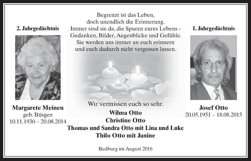  Traueranzeige für Margarete Meinen vom 17.08.2016 aus  Werbepost 