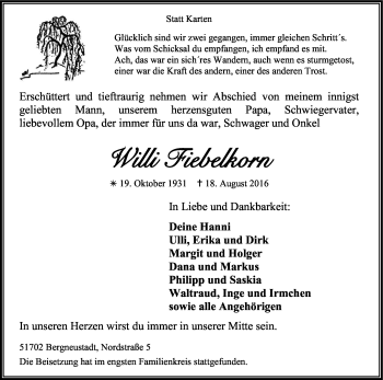 Anzeige von Willi Fiebelkorn von Kölner Stadt-Anzeiger / Kölnische Rundschau / Express