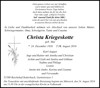 Anzeige von Christa Kriegeskotte von Kölner Stadt-Anzeiger / Kölnische Rundschau / Express