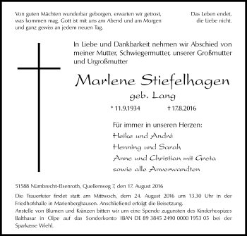 Anzeige von Marlene Stiefelhagen von Kölner Stadt-Anzeiger / Kölnische Rundschau / Express