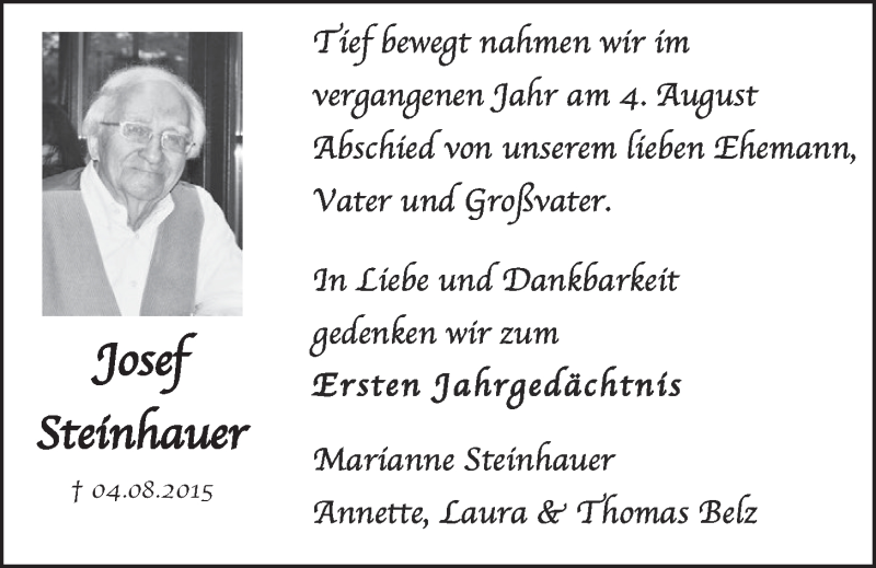  Traueranzeige für Josef Steinhauer vom 03.08.2016 aus  Schlossbote/Werbekurier 