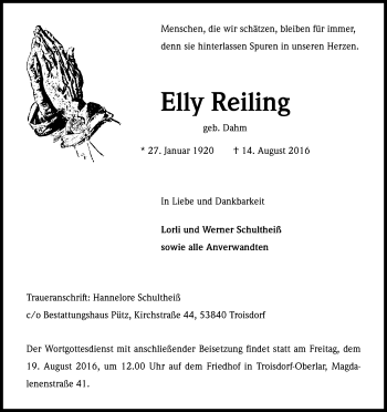 Anzeige von Elly Reiling von Kölner Stadt-Anzeiger / Kölnische Rundschau / Express