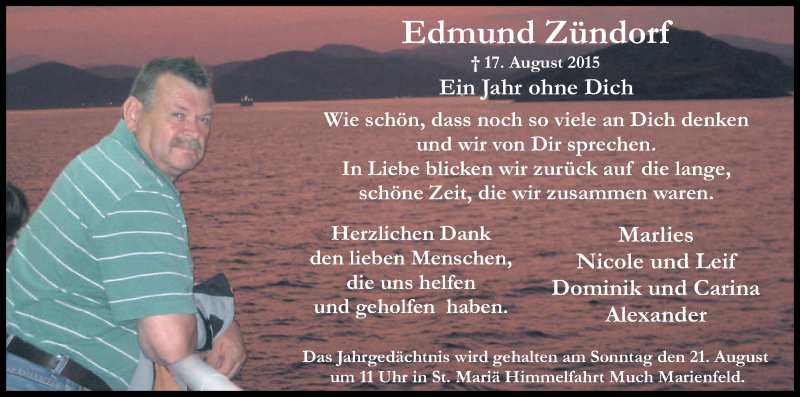  Traueranzeige für Edmund Zündorf vom 13.08.2016 aus Kölner Stadt-Anzeiger / Kölnische Rundschau / Express