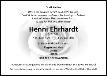 Anzeige von Henni Ehrhardt von Kölner Stadt-Anzeiger / Kölnische Rundschau / Express