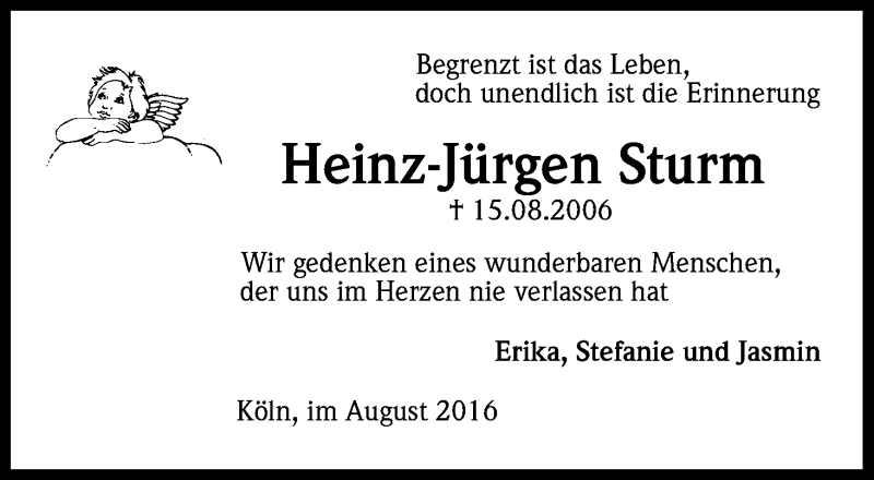  Traueranzeige für Heinz-Jürgen Sturm vom 13.08.2016 aus Kölner Stadt-Anzeiger / Kölnische Rundschau / Express