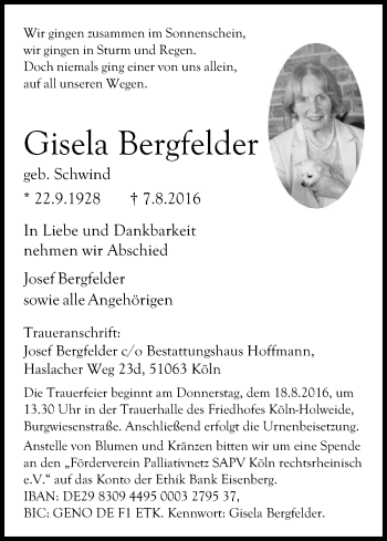 Anzeige von Gisela Bergfelder von Kölner Stadt-Anzeiger / Kölnische Rundschau / Express