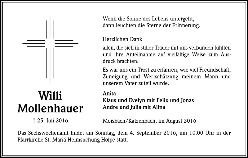  Traueranzeige für Willi Mollenhauer vom 31.08.2016 aus Kölner Stadt-Anzeiger / Kölnische Rundschau / Express