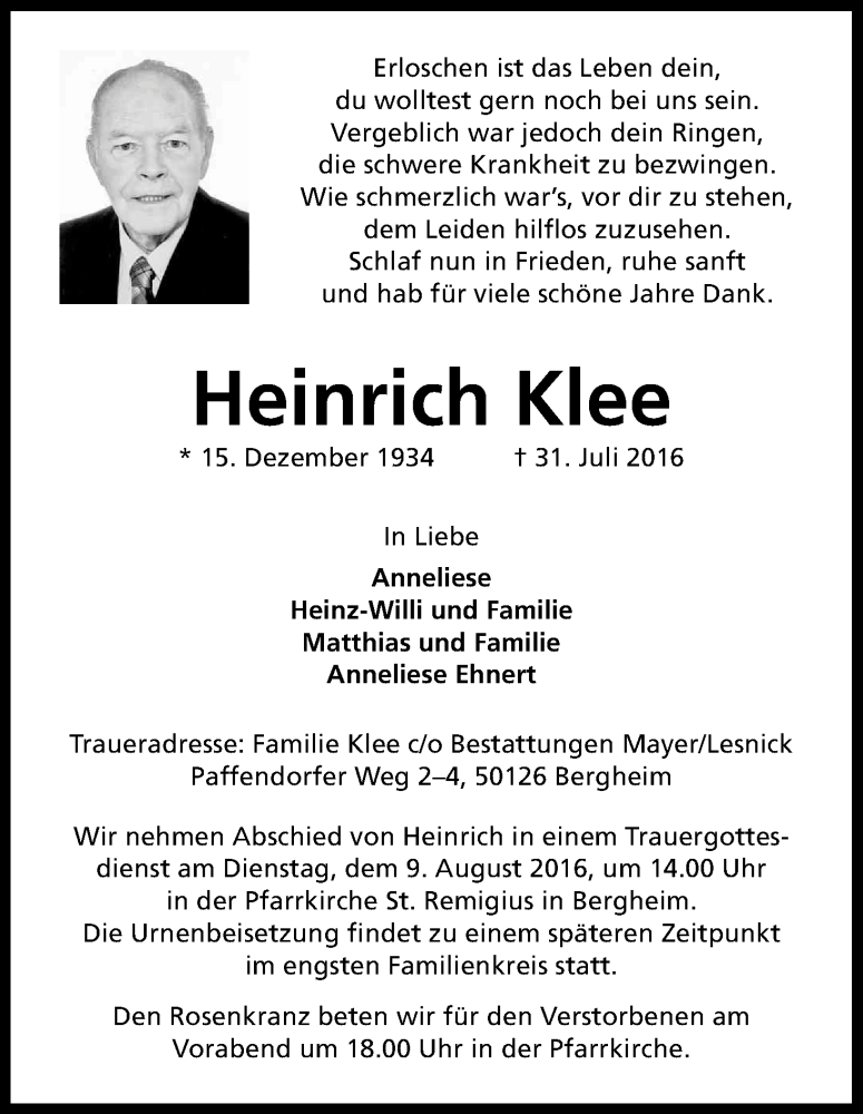  Traueranzeige für Heinrich Klee vom 06.08.2016 aus Kölner Stadt-Anzeiger / Kölnische Rundschau / Express