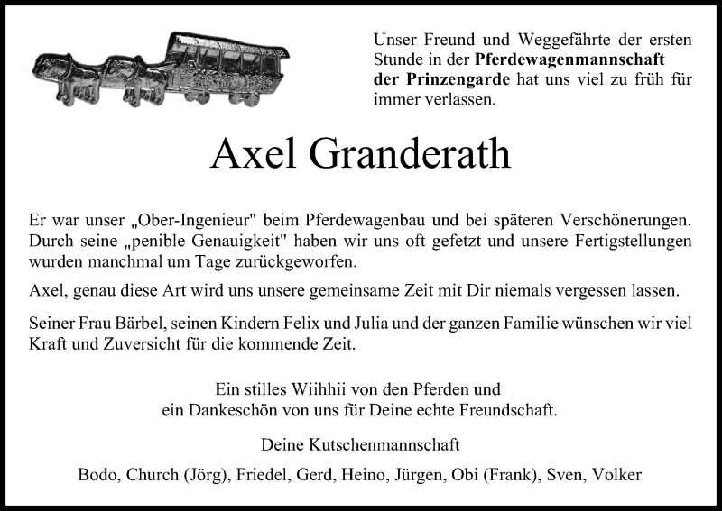  Traueranzeige für Axel Granderath vom 27.08.2016 aus Kölner Stadt-Anzeiger / Kölnische Rundschau / Express