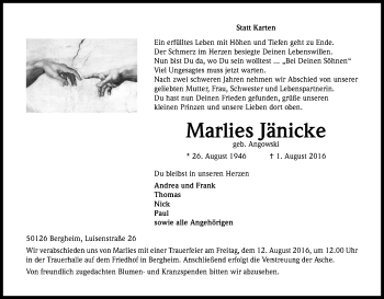 Anzeige von Marlies Jänicke von Kölner Stadt-Anzeiger / Kölnische Rundschau / Express