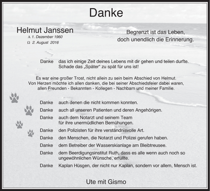  Traueranzeige für Helmut Janssen vom 24.08.2016 aus  Wochenende  Schlossbote/Werbekurier 