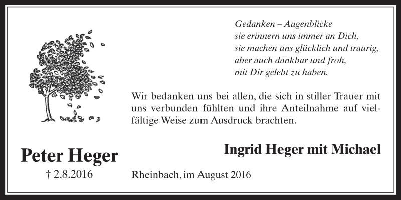  Traueranzeige für Peter Heger vom 31.08.2016 aus  Schaufenster/Blickpunkt 
