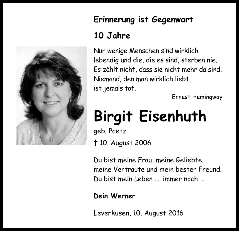  Traueranzeige für Birgit Eisenhuth vom 10.08.2016 aus Kölner Stadt-Anzeiger / Kölnische Rundschau / Express