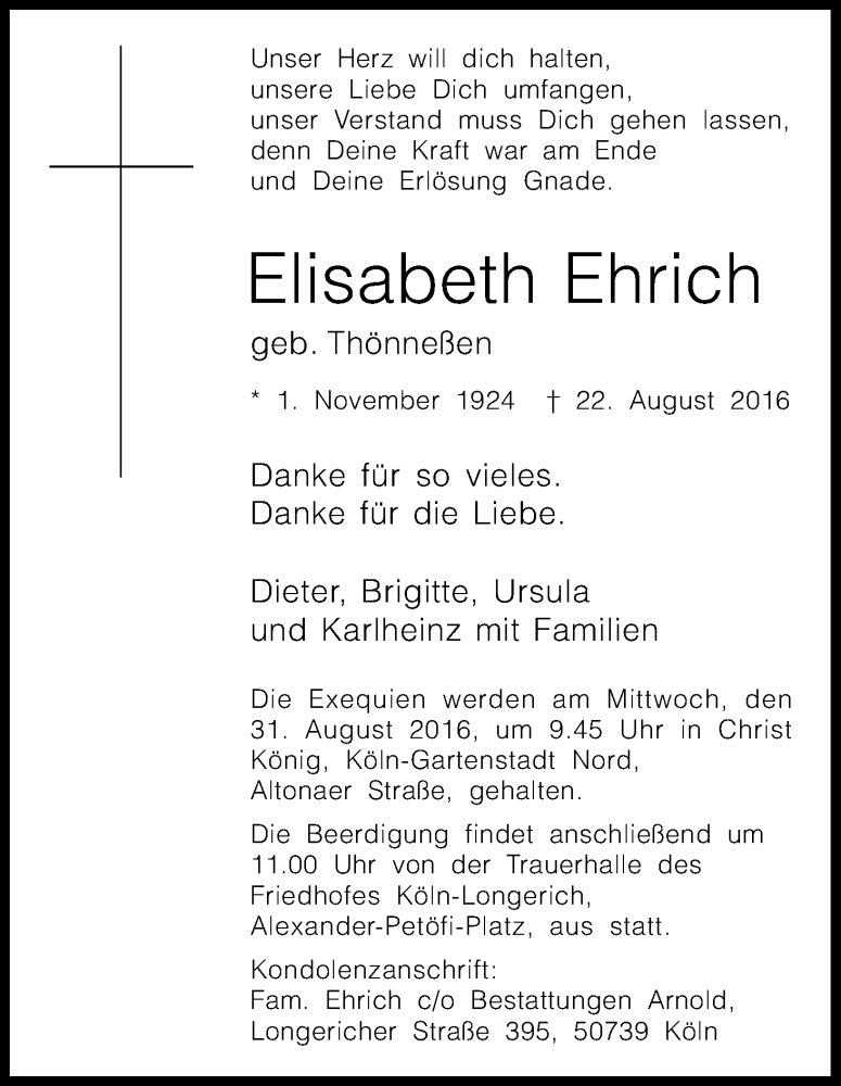 Traueranzeige für Elisabeth Ehrich vom 27.08.2016 aus Kölner Stadt-Anzeiger / Kölnische Rundschau / Express
