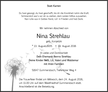 Anzeige von Nina Strehlau von  Anzeigen Echo 