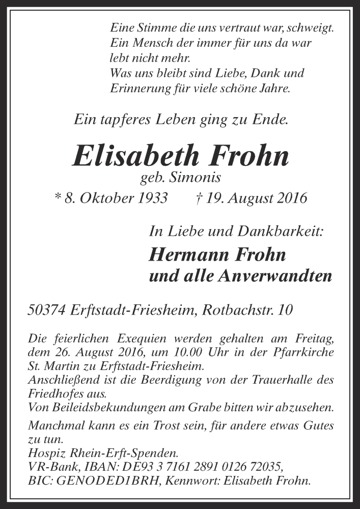 Traueranzeige für Elisabeth Frohn vom 24.08.2016 aus  Werbepost 